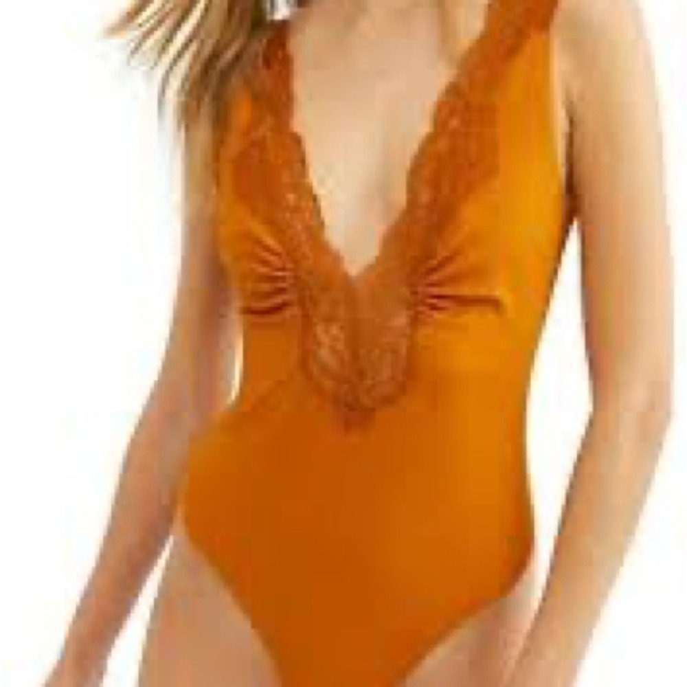 Free People Orange Lace Trim Deep V‎ Neck Ribbed Bodysuit Women's
